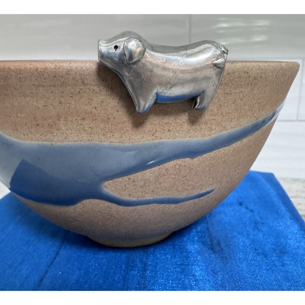Vintage Rare Siam Celadon Thailand Pottery Wood Ash Glaze Bowl Metal Rim Pig NOS - Picture 11 of 14
